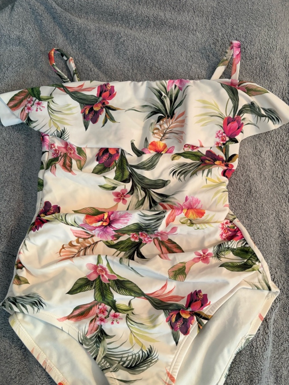 NWT Kona Sol One Piece Swimsuit Tropical Floral Ruffle Flounce Ruched S (4-6) - Picture 2 of 8